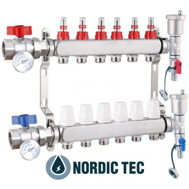 Nerezový rozdělovač ÚT a podlahového topení Nordic Tec INOX 6 okruhů